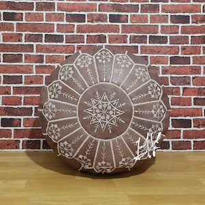 Genuine Leather Moroccan Pouffe Pouf Handmade Ottoman Footstool, Brown Pouf Ottoman