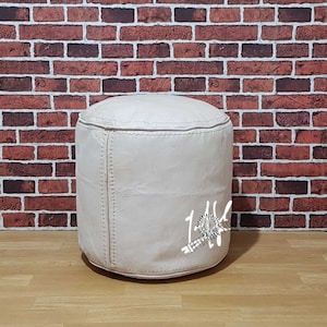 Natural Genuine Leather Moroccan Pouffe Pouf Handmade Ottoman Footstool, Round  Natural Ottoman Pouf