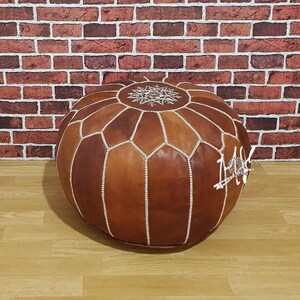 Pair (x2) Moroccan Leather Ottoman Pouffe Pouf Handmade Ottoman Footstool, Tan Brown Ottoman Pouf