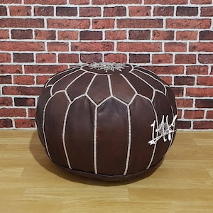 Genuine Leather Moroccan Pouffe Pouf Handmade Ottoman Footstool, Brown Ottoman Pouf