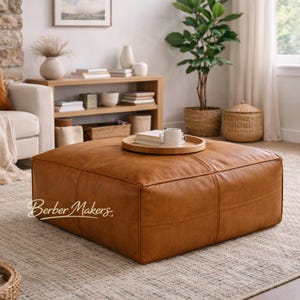 Square Moroccan Leather Pouf Ottoman – Brown Genuine Leather Footstool, Handmade Unstuffed Floor Seat for Home Decor image 3