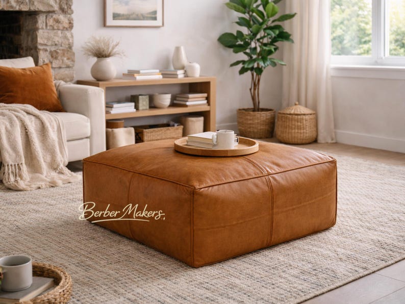 Square Moroccan Leather Pouf Ottoman – Brown Genuine Leather Footstool, Handmade Unstuffed Floor Seat for Home Decor image 3