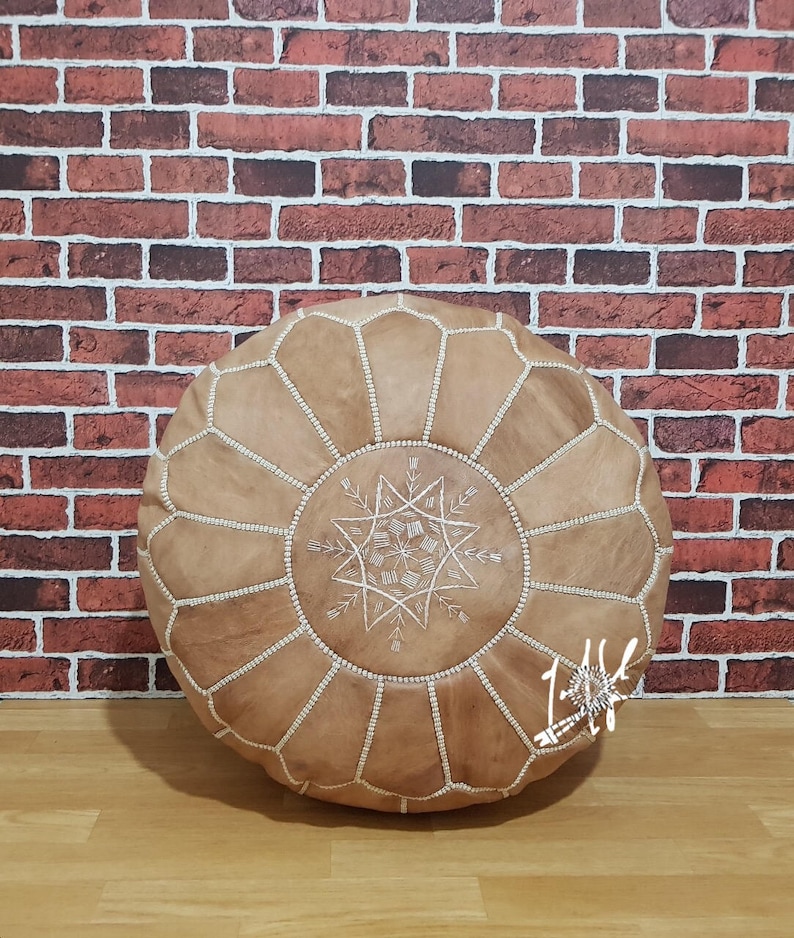 Genuine Leather Moroccan Pouffe Pouf Handmade Ottoman Footstool Tan Ottoman Pouf