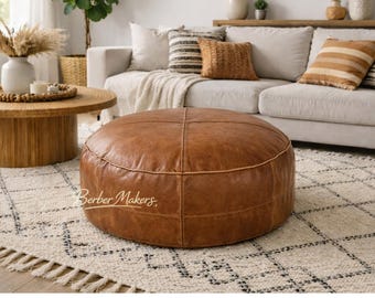 Moroccan Pouf Seat, Tan Leather Footstool, Handmade Round Floor Cushion, Bohemian Room Decor