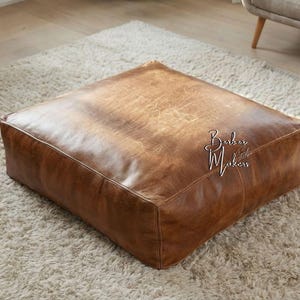 Rectangular Leather Pouf Ottoman -Square Ottoman Pouf – Moroccan Handmade Tan Pouf – Boho Footstool – Floor Cushion – Living Room Decor