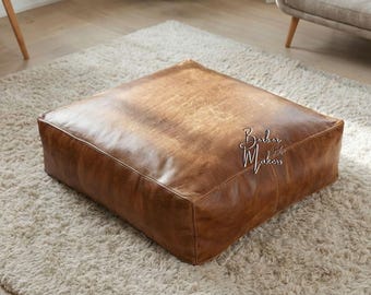 Rectangular Leather Pouf Ottoman -Square Ottoman Pouf – Moroccan Handmade Tan Pouf – Boho Footstool – Floor Cushion – Living Room Decor