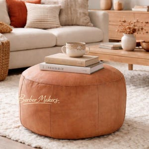 Round Leather Pouf Ottoman -Round Ottoman Pouf – Moroccan Handmade Tan Pouf – Boho Footstool – Floor Cushion – Living Room Decor