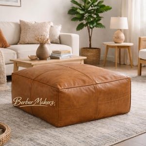 Square Moroccan Leather Pouf Ottoman – Brown Genuine Leather Footstool, Handmade Unstuffed Floor Seat for Home Decor image 1