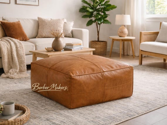 Square Moroccan Leather Pouf Ottoman – Brown Genuine Leather Footstool, Handmade Unstuffed Floor Seat for Home Decor