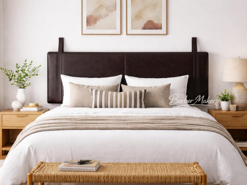 Authentic Woven Leather Wall Hanging Headboard | Brown Full Grain Leather Headboard | King Size Farmhouse Mounted Bed Headboard image 8