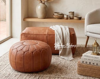 Rechthoekige leren poef poef - Marokkaanse handgemaakte tan poef - vloerkussen - boho woonkamerdecor - voetenbank - poef vintage stijl