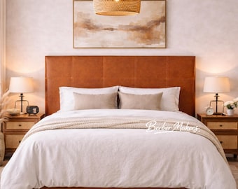 Handmade Brown Leather Headboard | Genuine Leather Upholstered Wall Mounted Bed Headboard | Modern Bedroom Headboard | Custom Size