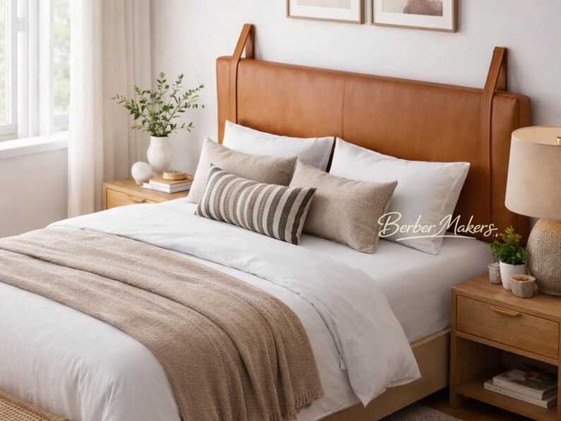 May include: A bedroom with a bed featuring a tan leather headboard. The bed is made with white bedding, a beige throw, and decorative cushions. A wooden bedside table with a lamp and plants is also visible.