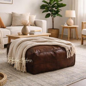 Square Moroccan Leather Pouf Ottoman – Brown Genuine Leather Footstool, Handmade Unstuffed Floor Seat for Home Decor image 11