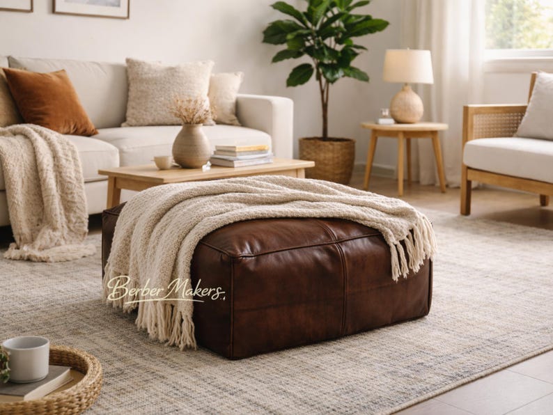 Square Moroccan Leather Pouf Ottoman – Brown Genuine Leather Footstool, Handmade Unstuffed Floor Seat for Home Decor image 11