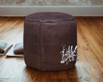Handmade Round Moroccan Leather Pouf Ottoman | Genuine Leather Stitched Pouffe | Boho Ottoman Footstool | Moroccan Decor Living Room Seating