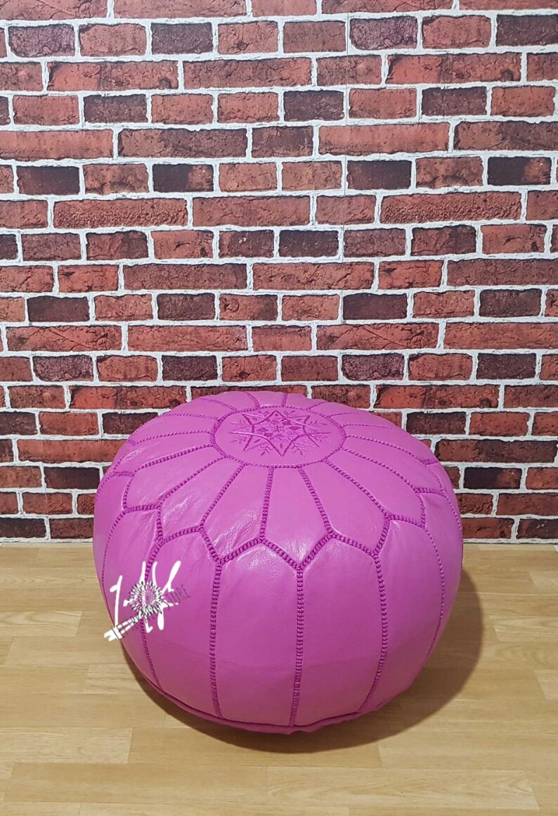 Fushia Pouf Ottoman Genuine Leather Moroccan Pouffe Pouf Handmade Ottoman Footstool