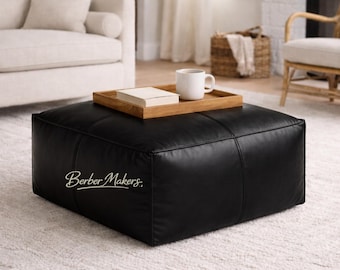 Handcrafted Moroccan Square Leather Pouf Ottoman – Black  Footstool, Coffee Table Stool, Boho Home Decor Accent Seating
