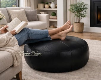 Genuine Black Leather Pouf, Moroccan Handmade Floor Seat, Round Boho Footstool, Modern Room Decor, coffee table pouf