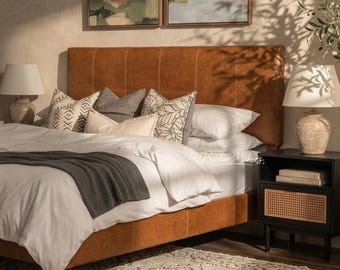 Wall-Mounted Leather Headboard - Brown Leather Headboard Upholstered Genuine Leather Bed Headboard Wall Mounted Modern Bedroom Custom Size