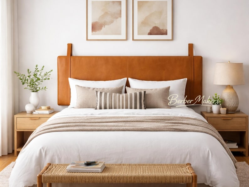 May include: A bedroom interior with a bed featuring a tan leather headboard. The bed is made with white bedding, a beige throw, and decorative pillows. Two framed abstract art pieces hang above the bed. Bedside tables and a bench complete the room.