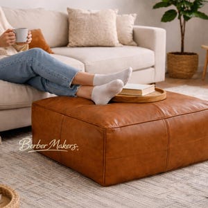 Square Moroccan Leather Pouf Ottoman – Brown Genuine Leather Footstool, Handmade Unstuffed Floor Seat for Home Decor image 7
