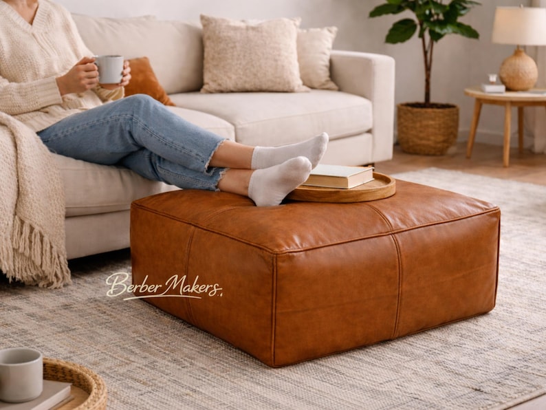 Square Moroccan Leather Pouf Ottoman – Brown Genuine Leather Footstool, Handmade Unstuffed Floor Seat for Home Decor image 7