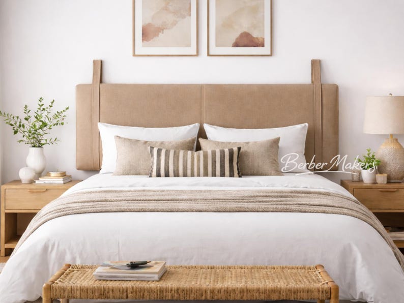 Authentic Woven Leather Wall Hanging Headboard | Brown Full Grain Leather Headboard | King Size Farmhouse Mounted Bed Headboard image 6