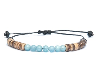 Delicate Aquamarine Stone Bracelet with Adjustable Rope and Coconut Beads