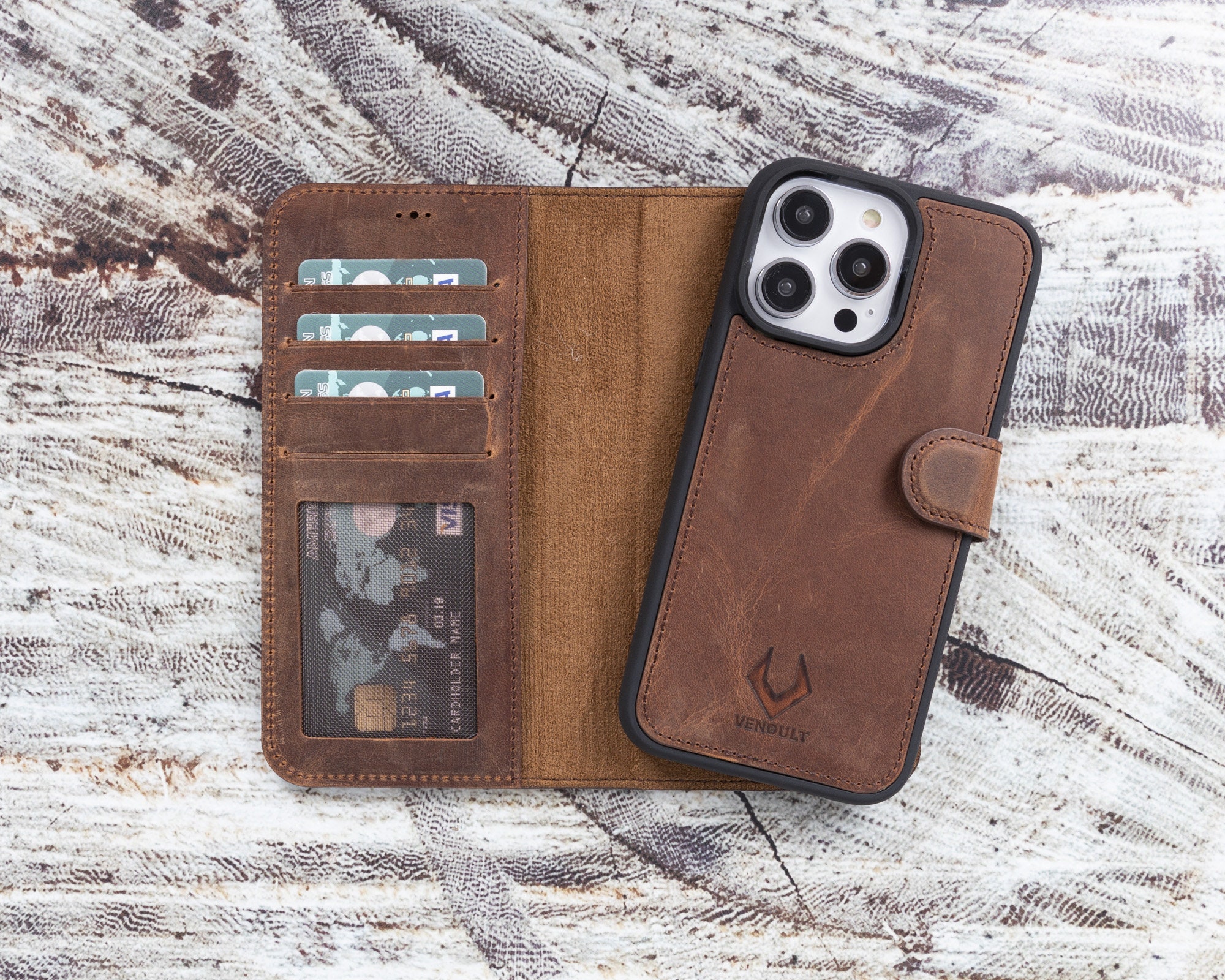 VENOULT Compatible with iPhone 15 Pro MAX Wallet Case Man or Women / 15 Pro  / 14 Pro MAX / 13 Pro / 12 Pro MAX and All Others, Genuine Leather, 4 Card