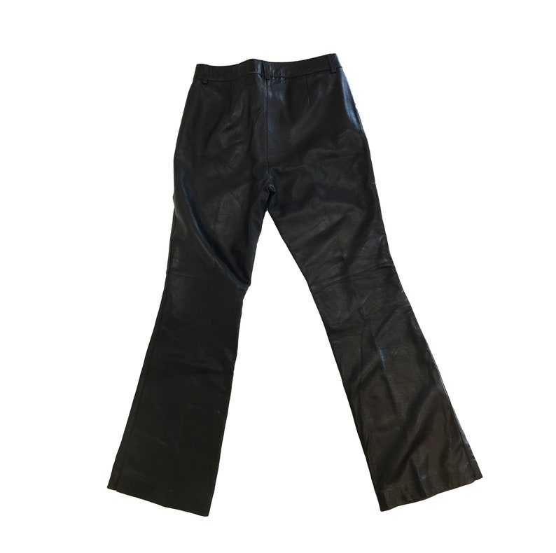 90s Black Leather Pants Flared Stitching Detail Size 6 Vintage