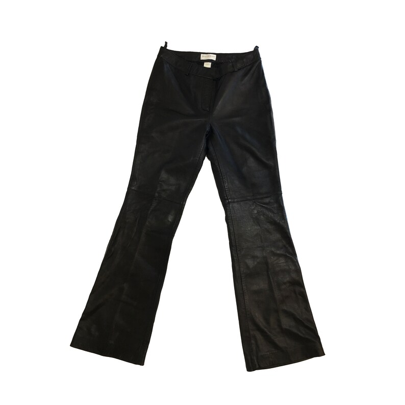 90s Black Leather Pants Flared Stitching Detail Size 6 Vintage