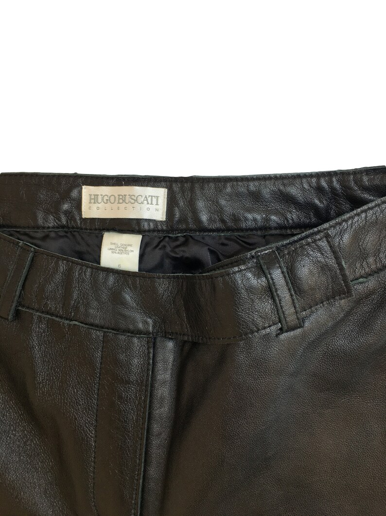 90s Black Leather Pants Flared Stitching Detail Size 6 Vintage