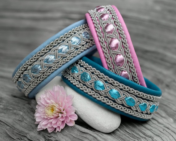 Teal leather bracelet, Pink leather cuff bracelet, Sámi Lapland braided pewter bracelet, Viking jewelry for women, Celtic woven bracelet