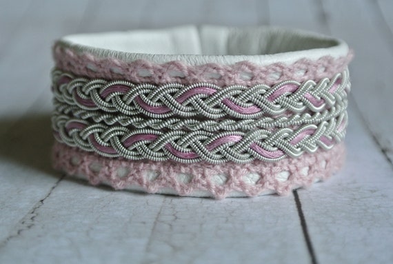 White leather bracelet, Bohemian jewelry for women, Boho jewelry, Pink lace bracelet, Shabby chic jewelry, Romantic gift for her, Lace cuff