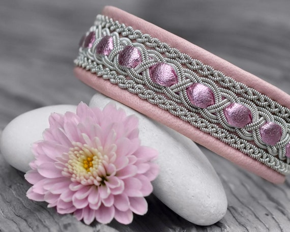 Pink leather cuff bracelet, Lapland Sami jewelry, Cute jewelry for girl, Weaved bracelet, Viking jewelry for women, Celtic braided bracelet