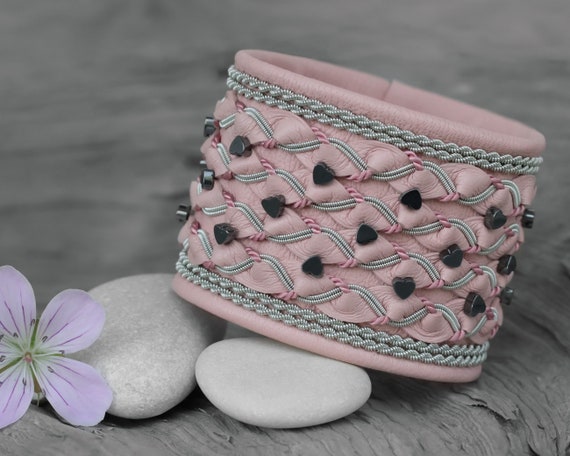 Beaded pink leather cuff bracelet with cute tiny Hematite Hearts, Unique gift for women who has everything