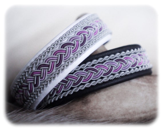 White leather cuff bracelet for women, Sami jewelry for girl, Purple bracelet for women, Lilac jewelry, Black leather Viking bracelet