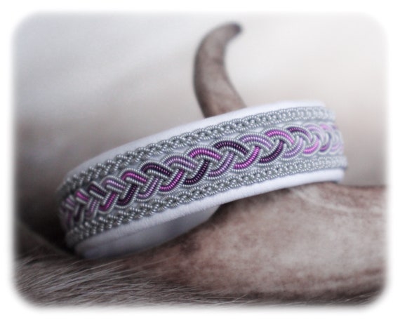 White leather cuff bracelet for women, Lapland Sami jewelry for girl, Purple bracelet for stacking, Unique gift for women who has everything