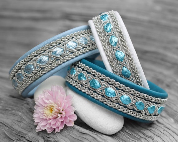 Teal leather bracelet, Blue leather cuff bracelet, Sámi Lapland braided pewter bracelet, Viking jewelry for women, Celtic woven bracelet