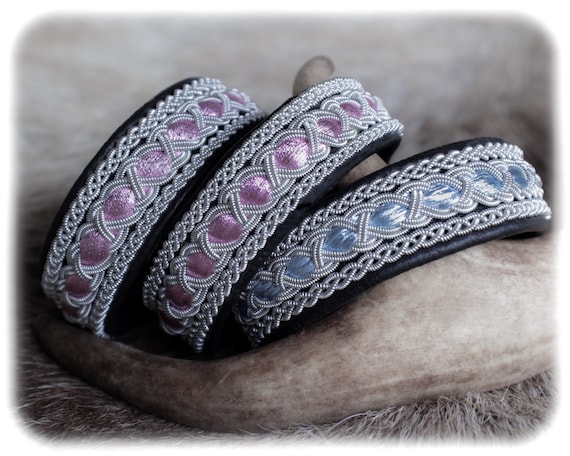 Black leather cuff bracelet for women, Sámi Lapland traditional jewelry, Soft mauve pink leather bracelet, Braided pewter cuff bracelet
