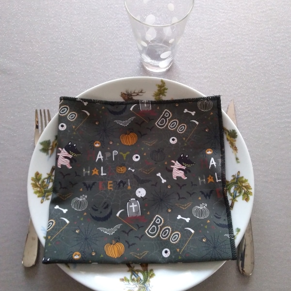 serviette de table 40cm x 40cm, halloween, loup, citrouille, maison, cantine, maternelle, nounou, original au choix zéro déchet écologique