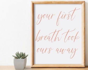 Your First Breath Took Ours Away Nursery Wall Art, Girl Nursery Wall Art, Nursery Quotes, Nursery Prints for a Girl, Instant Download,