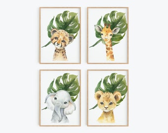 Set of 4 Safari Animals Wall Art Prints, Safari Kids Room Wall Art, Jungle Animals Nursery Decor, Giraffe Wall Art, Lion Wall Art, Elephant