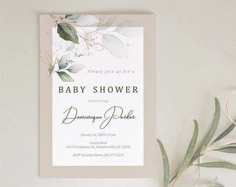 Greenery Baby Shower Template, Greenery and Gold Baby Shower Invitation, Gender Neutral baby Shower Invitation, Editable Invitation, Digital