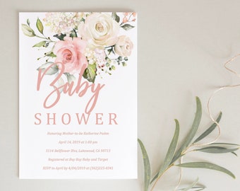 Baby Shower Invitation Girl, Baby Shower Girl Invitation, Floral baby Shower Invitation, Blush Pink Floral Baby Shower Invite, Printable,