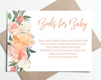 Bring a Book Card, Book Request Card, Baby Shower Girl, Girl Baby Shower, Floral, Peach, Baby Shower Book, Book for Baby Card, Printable,