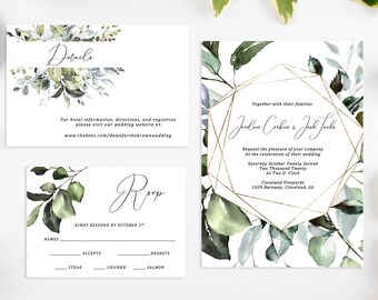 Greenery Wedding Invitation Set, Emerald Green Wedding Invitations, Etsy Wedding Invitations, Wedding Invitation Suite, Greenery and Gold