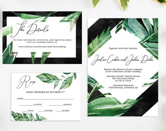 Destination Wedding Invitation Set, Tropical Wedding Invitation Suite, Beach Wedding Invites, Digital Download Wedding Invitations, Greenery