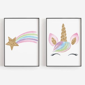 Unicorn Print Set, Unicorn Wall Art, Baby Girl Nursery Decor, Printable Wall Art, Kids Wall Art, Instant Download, Blush Pink, Gold Glitter